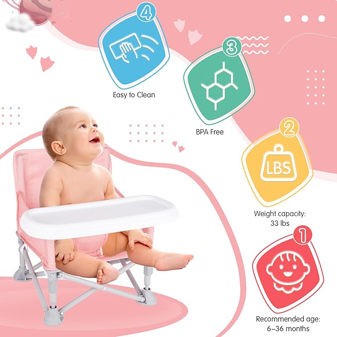 Portable Baby Booster Seat with Tray, Toddler Booster seat for Dining, Camping, Travel, Baby Beach Chair 6 Months to 3 Years Old Indoor Outdoor Use Pink