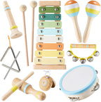 Baby Musical Instruments Set Montessori Wooden Music Toys for Toddlers 1 2 3 Neutral Color Percussion Music Kit with Drum, Xylophone,Storage Bag, Birthday Preschool Learning Gift for Boys Girls