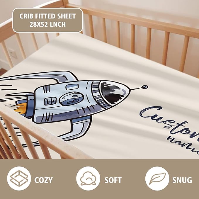 Personalized Baby Crib Bedding Set – Rocket Launch Theme Nursery Bedding Sets 3 Piece with Custom Name Blanket, Fitted Crib Sheet & Changing Pad Cover – Ideal Newborn Gift for Boys
