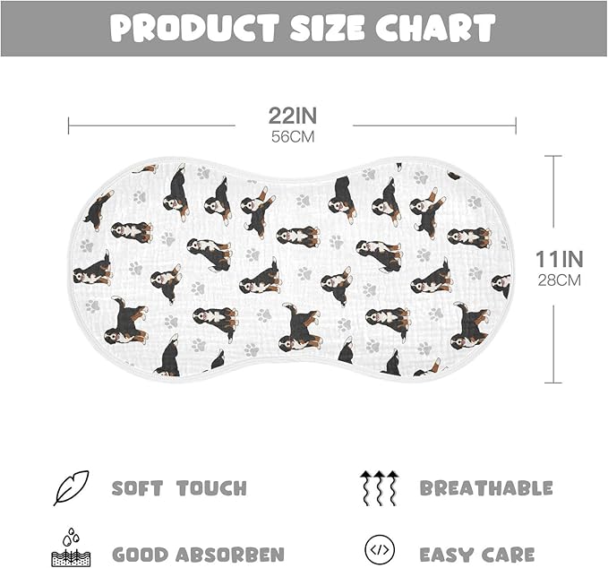 2 Pack Muslin Burp Cloths Bernedoodle Dogs White Cotton Baby Burp Cloths Ultra Soft Burping Cloth Absorbent Spit Up Rags for Newborn Boys Girls 22x11 Inch