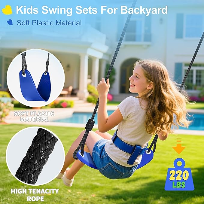 440lbs Kids Swing Set, 3-in-1 Outdoor Playground with Saucer Swing, Belt Seat & 4ft Trampoline, Heavy Duty A-Frame Metal Stand & Safety Stakes, Backyard Playset for Toddlers 3-8 Years Old