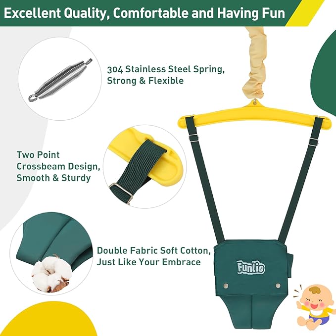 FUNLIO 2 in 1 Swing Set for Toddler & Baby Jumper, Heavy Duty Kids Swing & Bouncer with 4 Sandbags, Foldable Metal Stand for Indoor/Outdoor Play, Easy to Assemble and Store - Green