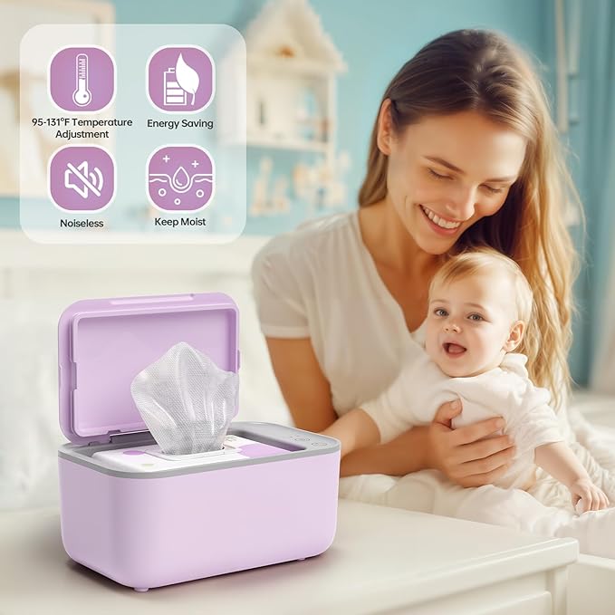 Chefhandy Wipe Warmer with Adjustable Temperature, Silent Heating & Large Capacity | Constant Warmth for Baby or Adult Wipes, Purple