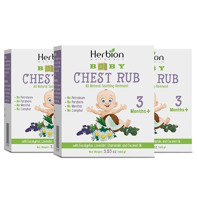 HERBION Naturals Baby Chest Rub, Ages 3 Months+, All-Natural Soothing Ointment with Coconut Oil, Eucalyptus, Lavender, Chamomile, Shea Butter, Petroleum & Menthol-Free, Non-GMO, 10.59 Oz, Pack of 3
