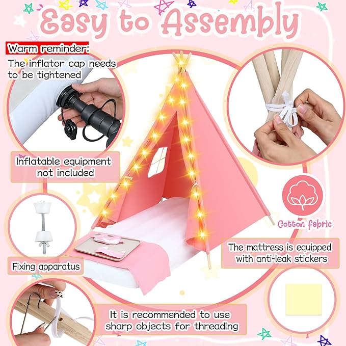 Windyun 6 Pack Kids Teepee Tent for Slumber Party Sleepover Tents for Girls Party with Air Mattress, Star Lights, Blankets Trays Sheets, Natural Cotton Toddler Play Teepee for Indoor Outdoor(Pink)