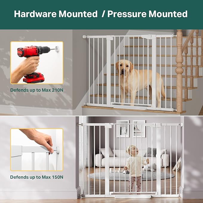 Cumbor 36" Extra Tall 29.7"-51.5" Baby Gate for Stairs, Easy Wall Through Dog Gates for Doorways Extra Wide, Pressure Mounted Tall Pet Gate Indoor, Safety Auto-Close Child Gate for Kids, White