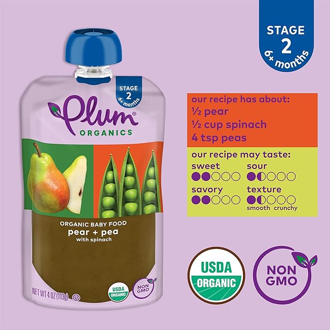 Plum Organics Stage 2 Organic Baby Food - Pear + Pea with Spinach - 4 oz Pouch - Organic Fruit and Vegetable Baby Food Pouch