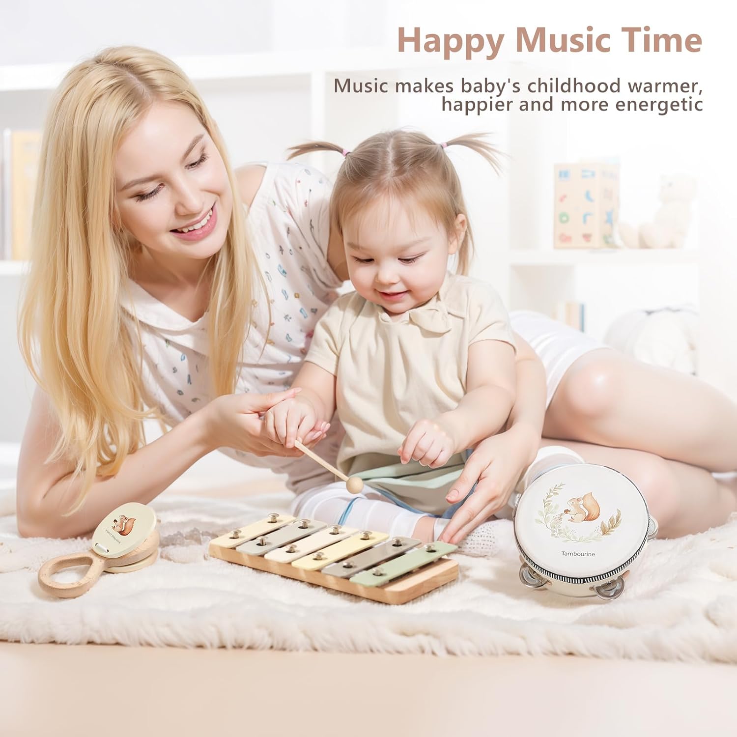 Baby Wooden Montessori Musical Instruments Set for Toddlers - Neutral Colors Percussion Set With Modern Boho Xylophone Tambourine - Educational Toys for Preschool Kids