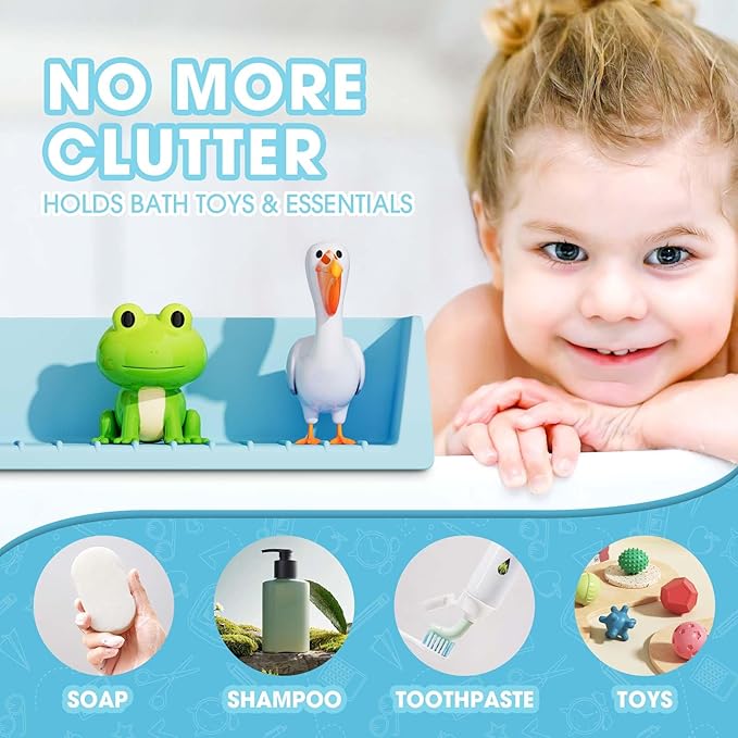 Bathtub Splash Guard for Kids - 31.4 Inch Extra Wide Bath Splash Barrier with 11 Strong Suction Cups, Flexible Silicone Tub Ledge Organizer to Keep Bathroom Floor Dry(Blue)