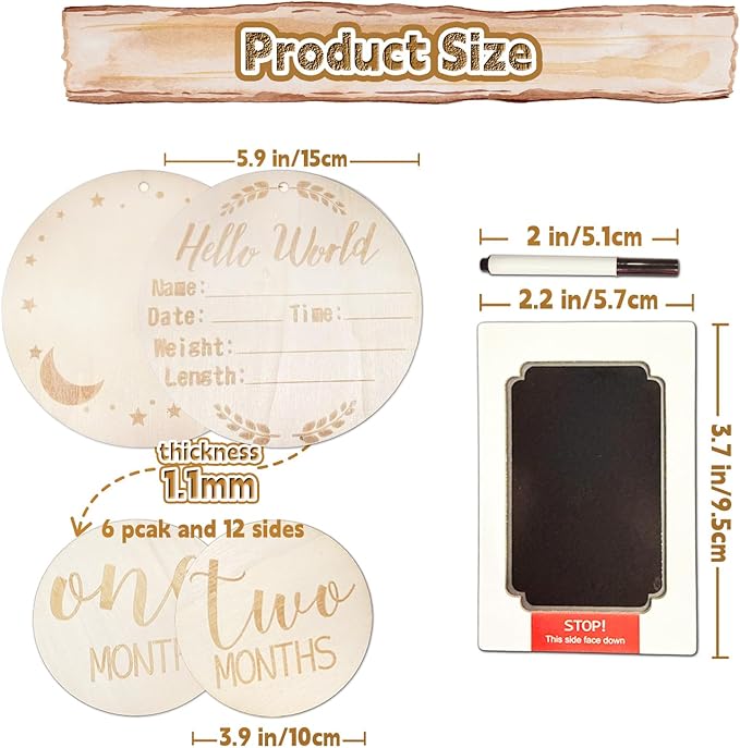 12PCS Baby Announcement Sign and Monthly Baby Milestone Set,Wooden Babys Monthly Milestone Classic Cursive Script, Hello World Newborn Sign with Ink Pad for Babys Photo Props