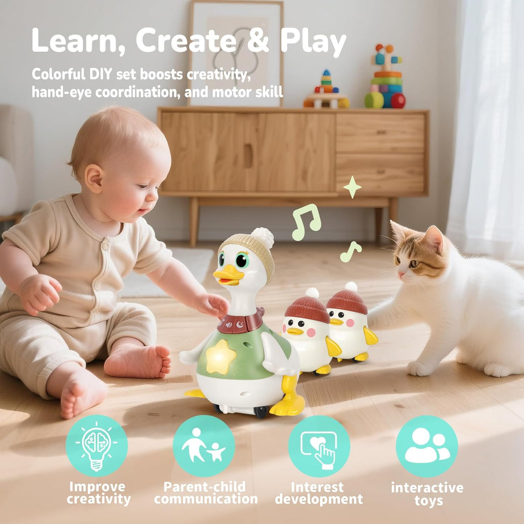 Hestiasko Dancing Duck Toy for Babies 6-36 Months, Musical Crawling & Tummy Time Toy Set with Magnetic, Learning Crawl Interactive Baby Toys for Toddlers 1-3 Birthday Easter Gifts for Boys Girls