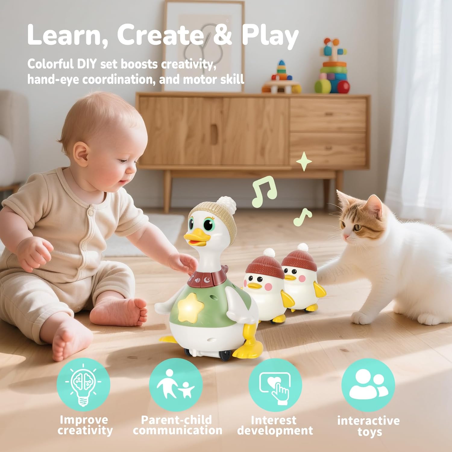 Hestiasko Dancing Duck Toy for Babies 6-36 Months, Musical Crawling & Tummy Time Toy Set with Magnetic, Learning Crawl Interactive Baby Toys for Toddlers 1-3 Birthday Easter Gifts for Boys Girls