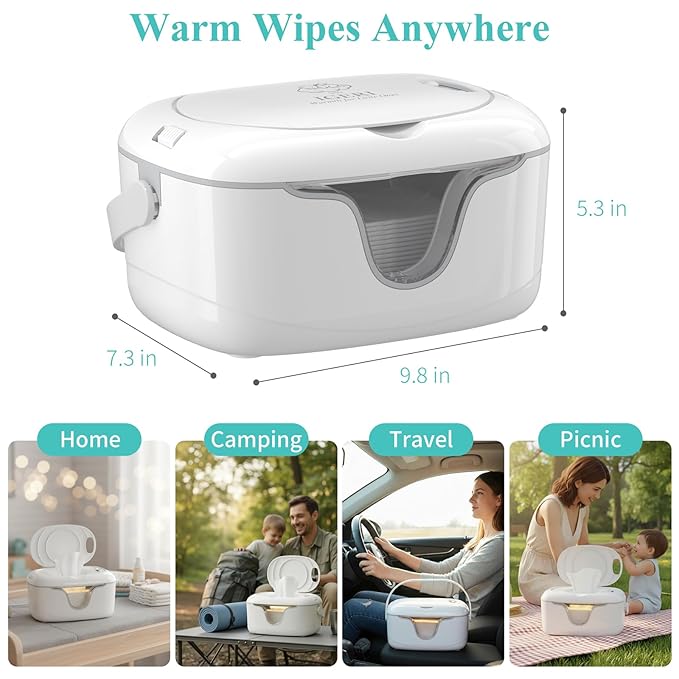 Portable Wipe Warmer and Wet Diaper Wipes Dispenser Cordless Battery Operated Travel Wetwipe Warmers Rechargeable with Nightlight Temperature Control