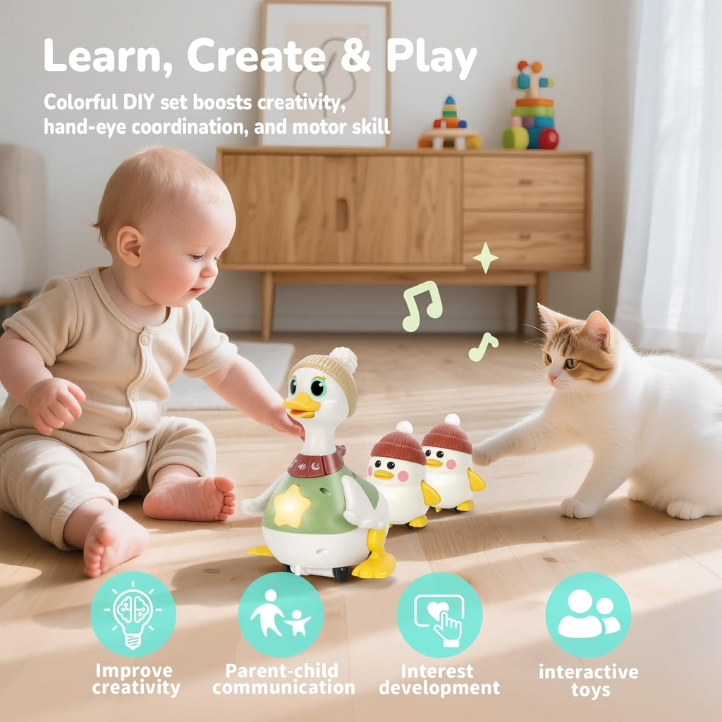 Hestiasko Dancing Duck Toy for Babies 6-36 Months, Musical Crawling & Tummy Time Toy Set with Magnetic, Learning Crawl Interactive Baby Toys for Toddlers 1-3 Birthday Easter Gifts for Boys Girls
