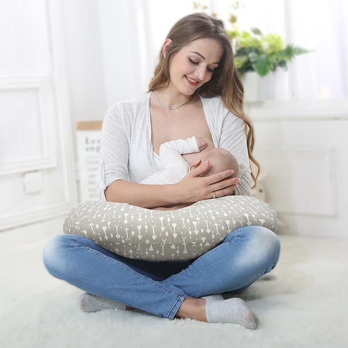 LAT Nursing Pillow for Breastfeeding,100% Cotton Removable Cover,Ergonomic Breast Feeding Pillows for Mom and Baby,Machine Washable(Gray Arrow)