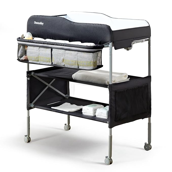Sweeby Portable Baby Changing Table, Foldable Diaper Changing Station with Waterproof Pad, Mobile Nursery Organizer for Infant & Newborn Essentials, Black