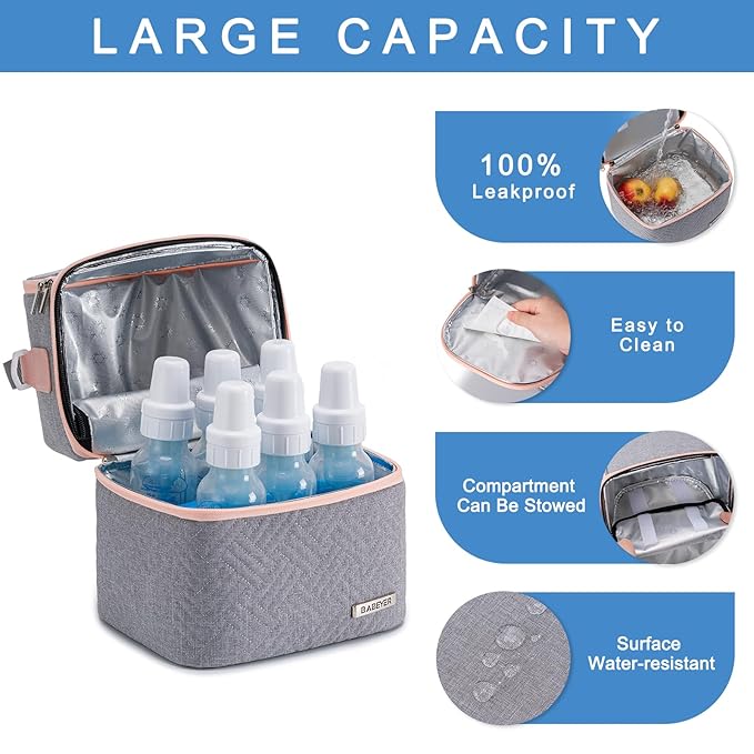 Breastmilk Cooler Bag with Ice Pack Fits 6 Baby Bottles up to 9 Ounce, Breast Milk Pump Cooler Bag with Shoulder Strap for Nursing Mom Daycare, Work, Travel- Grey