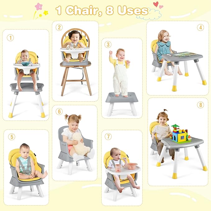 KOTEK Baby High Chair, 8 in 1 Convertible Highchairs for Babies and Toddlers, Building Block Table, Booster Seat, Toddler Chair with Removable Tray, Safety Harness, Dual Cushions (Yellow)
