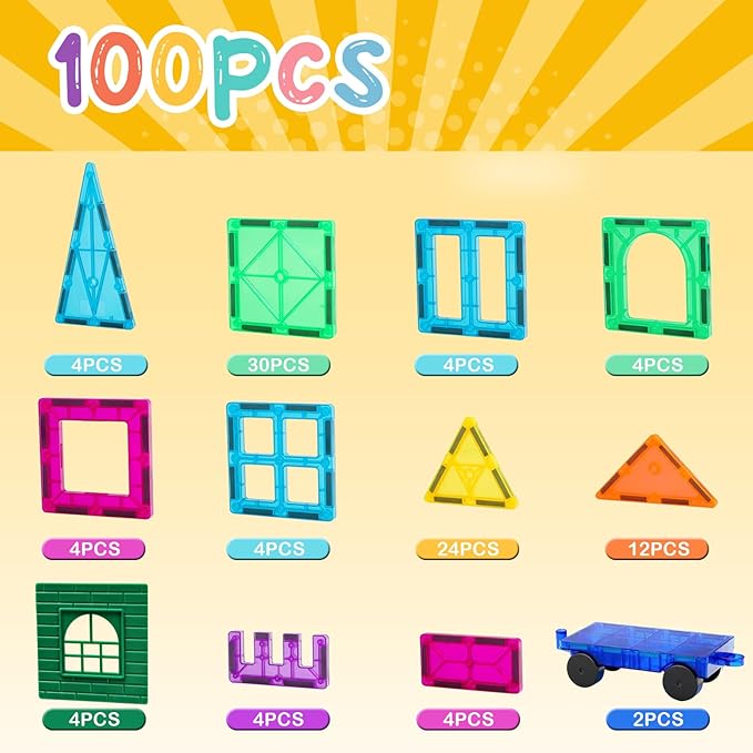 FNJO Magnetic Tiles, 100PCS Building Blocks, STEM Magnets Building Toy Set, Preschool Kindergarten Construction Stacking Toy, School Teacher Supplies, Classroom Must Haves