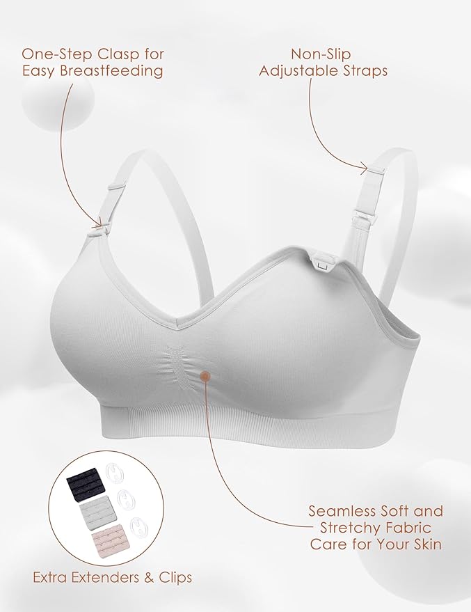 HOFISH Maternity Nursing Bras for Breastfeeding, 3 Pack Pregnancy Deep V Neck Wireless Bra with Extenders & Clips