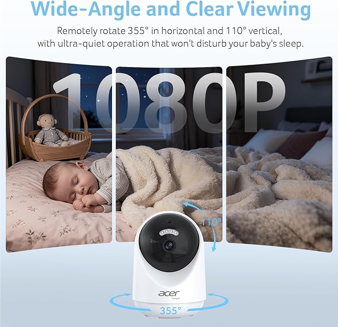 acer Smart Baby Monitor 5” No WiFi Baby Monitor with 1080P Camera and Audio for Crib 1000ft Range Remote Pan Tilt Night Vision, Temperature Sensor, 8 Lullabies, 2-Way Talk, Video Recording, VOX