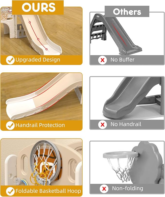 XJD 8 in 1 Toddler Slide Set, Kids Slide for Toddlers Age 1+, Toddler Climber Slide PlaySet with Basketball Hoop and Ball,Outdoor Indoor Playground for Toddlers 1-3 (Beige Coffee, 8 in 1)