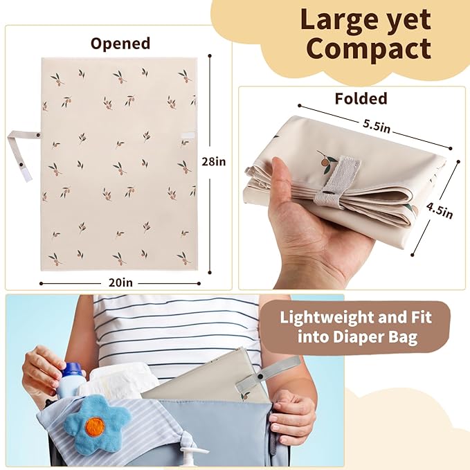 Vegan Leather Portable Changing Pad - Waterproof Compact Baby Changing Mat - Foldable Travel Diaper Changing Pad, Newborns Shower Gifts (Olive Branch with Strap, 20"*28")