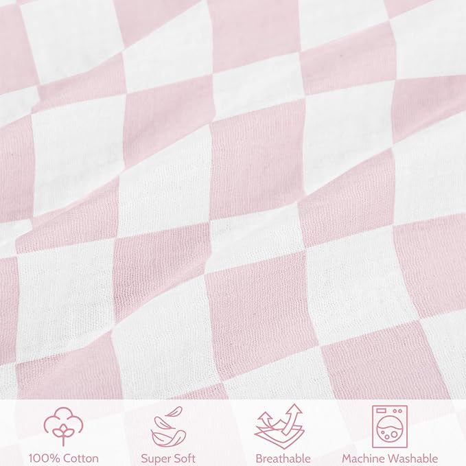 SWESEN Muslin Nursing Pillow Cover, Soft Removable Cover for Breastfeeding Pillows, Pillow Slipcover for Baby Boys and Girls, Comfortable & Breathable, Pink Plaid, Washable (Only Cover)