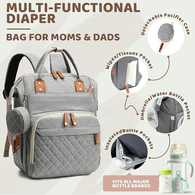 Diaper Bag Backpack for Girls Boys: Gray Toddler Diaper Bag with Changing Pad Baby Backpack Diaper Bag for Mon Dad Newborn Cute Mochila Pañaleras para Bebe Niña Niño Baby Registry Search Essentials
