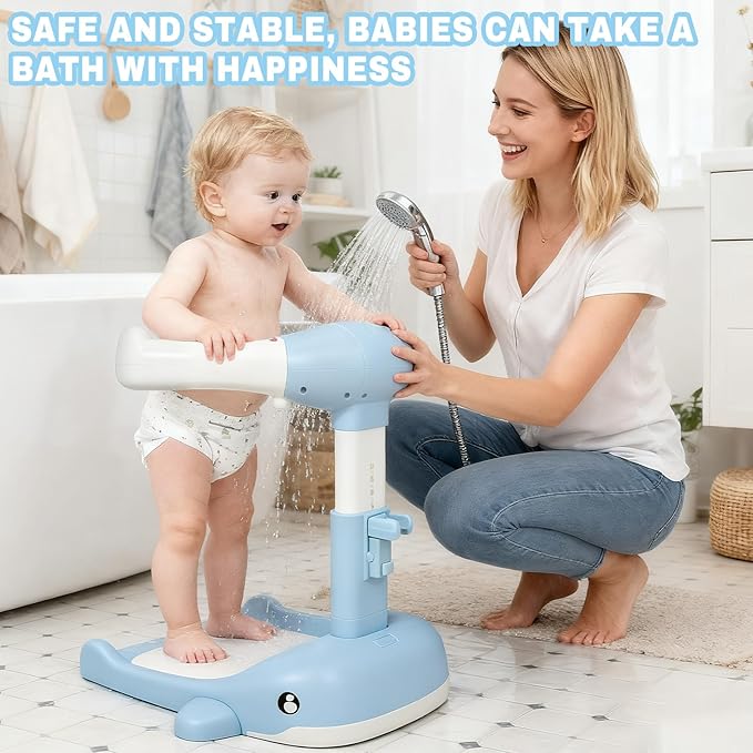Baby Shower Stand Foldable Toddler Shower Standing Support with Anti-Slip Base Adjustable Infants Bath Support for 8-36 Months Portable Bath Helper (Upgraded-Whale)