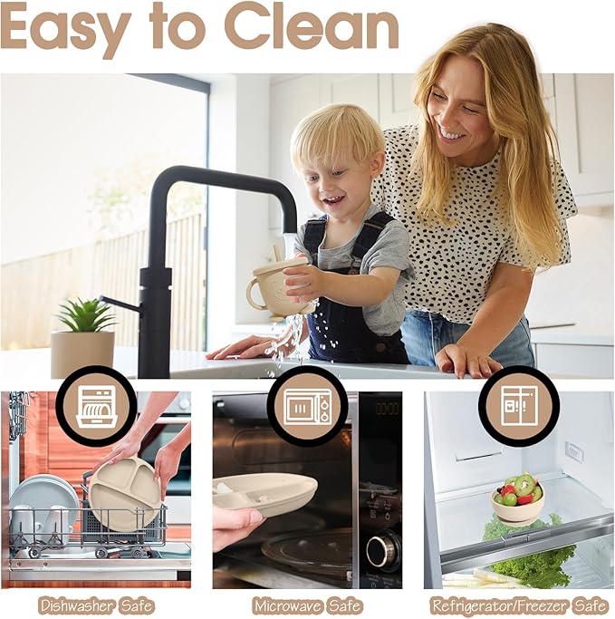 Baby Led Weaning Supplies, 17 Piece BPA-Free Silicone Feeding Set, Eating Essentials Baby Utensils with Suction Plate and Bowl, Pocket Bib, Sippy Cup with Lid, for 6+ Months, Beige