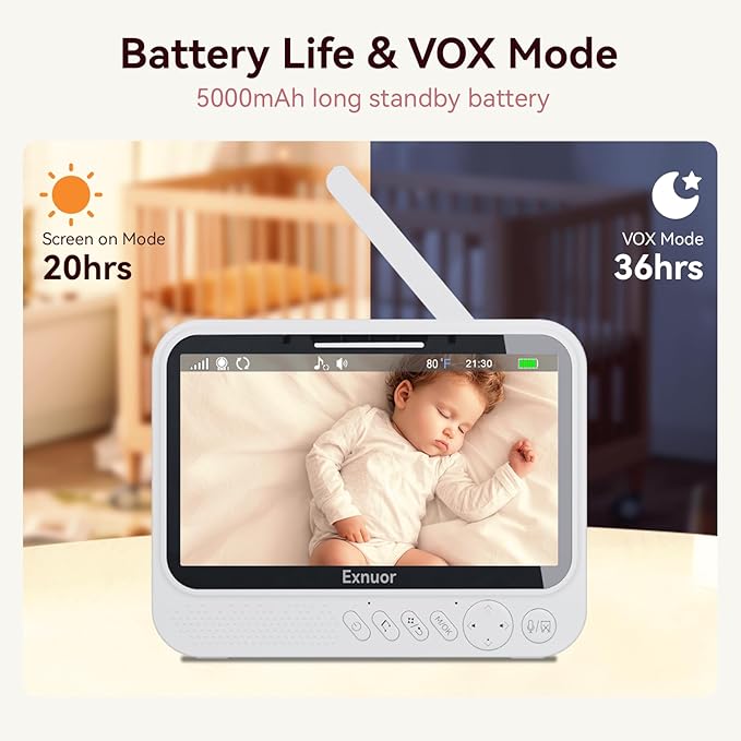 No WiFi Baby Monitor, 7" IPS Screen, 720p Baby Monitor with Camera and Audio, 5000mAh Battery, 1000ft Range, 6 Lullabies & 2 White Noise, VOX, Temperature Sensor, Night Vision, 2-Way Talk