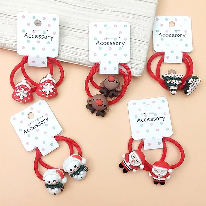 Baby Hair Ties No Damage Christmas Accessories for Little Girls, 10Pcs Red Ponytail Holders for Toddler Kids Thin Hair, Cute Elastic Bands With Santa Clause Snowman Xmas Tree Reindeer