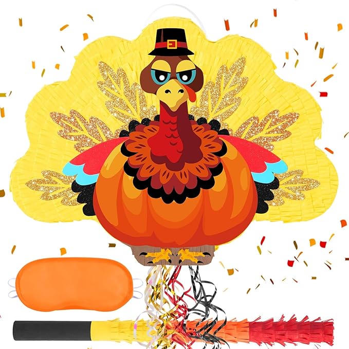 WERNNSAI Thanksgiving Turkey Pinata - Fall Autumn Decorations Gentle Turkey Pinata Orange Thanksgiving Party Games Autumn Decorations for Home Fall Festival Party Favors with Blindfold
