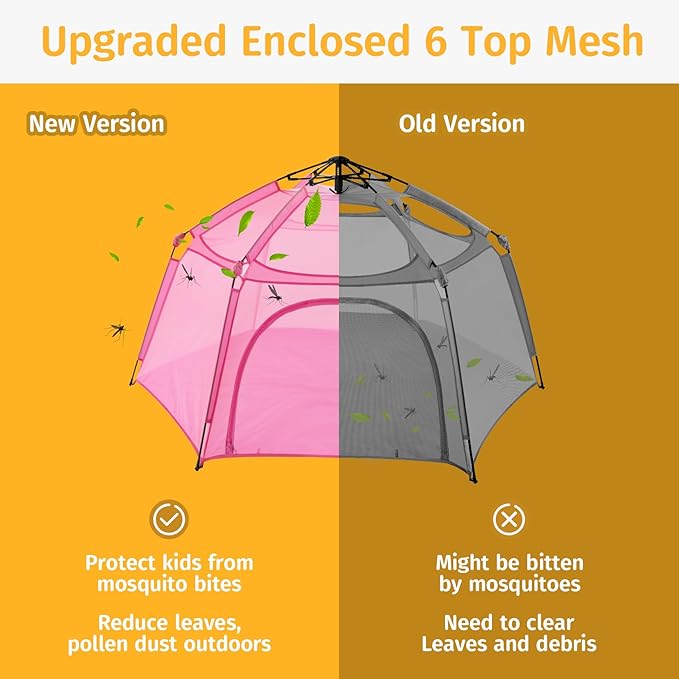 Alvantor Pop Up Playpen- 7'x7'x44”Baby Playpens Large Kids Play Tent Portable and Foldable Playpen Indoor/Outdoor Play Yard with Protective Mesh, UV SPF 50+ Sunshade, and Soft Foam Floor, Pink