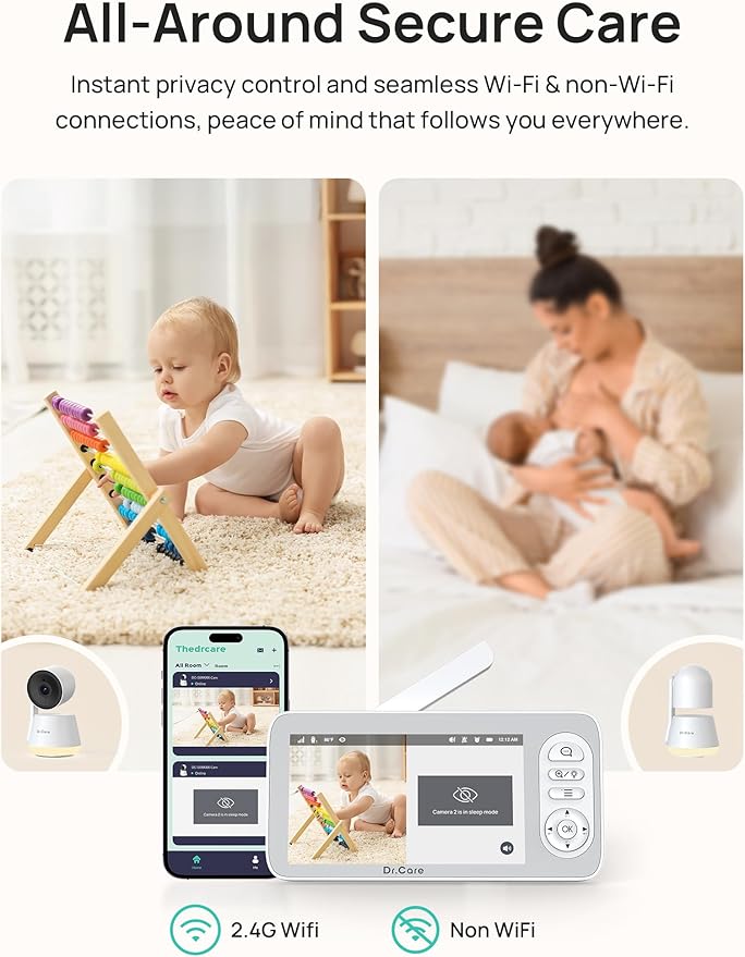 Dr.Care LumiView Plus Smart WiFi Baby Monitor with Clip Mount - 5.5" 1080P Split Screen & 2K Camera, Privacy Mode, Cry & Motion Alerts, 5000mAh Removable Battery, RGB Night Light, HD Night Vision