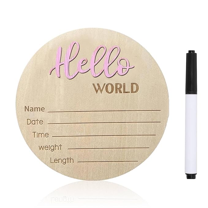 Baby Announcement Sign, 5.9 Inch Wooden Hello World Newborn Signs, Birth Announcement Sign, Baby Shower Hospital Nursery for Newborn Boys and Girls (Light Pink,Pen)