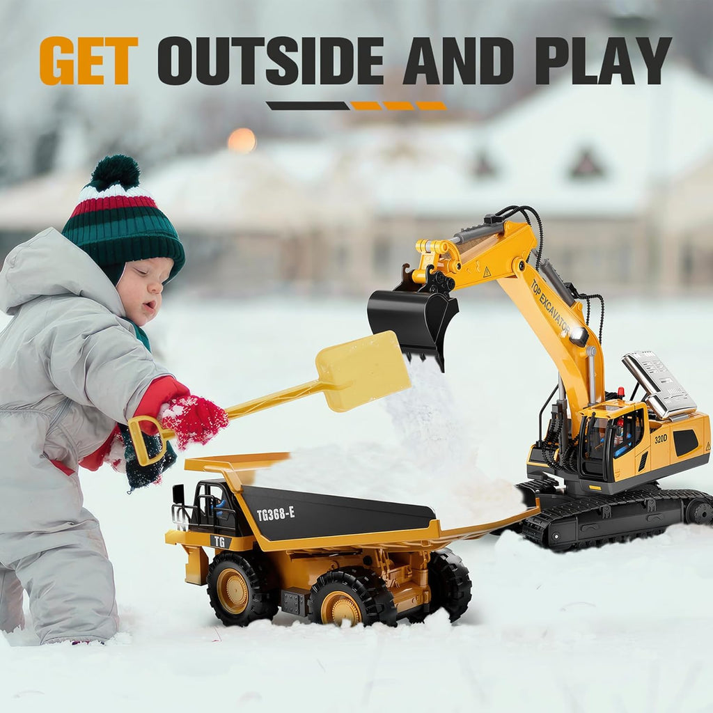 Remote Control Excavator Construction Toys for Boys, 2×1200mAh RC Construction Truck with Metal Shovel & Light, 11CH Excavator Toys for Boys 3-5 4-7 8-12 Year Old Kids Christmas Birthday Gift,120+Mins