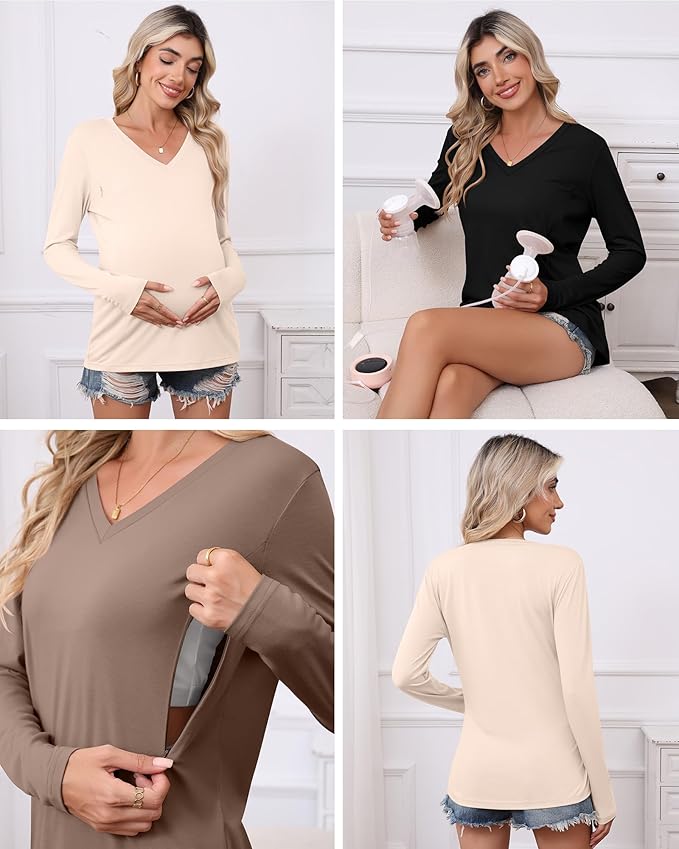 Huukeay 3 Pack Women's Long Sleeve Nursing Tops, Breastfeeding Hidden Zippers Shirts V Neck Maternity Pregnancy Tees Clothes