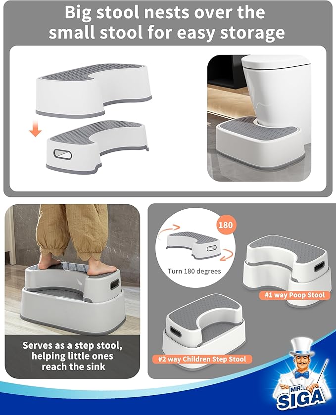 MR.SIGA Toilet Stool Squat Adult, Bathroom Stool Heavy Duty, Anti Slip Toilet Step for Bathroom, Toddler Step Stool for Kids, Off-White & Dark Gray