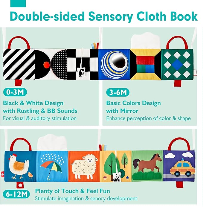 hahaland Baby Toys 0-6 Months - High Contrast Newborn Toys - Baby Tummy Time Books 0-6 Months with Crinkle, Squeaky Sounds, Touch Feel, Visual Stimulation