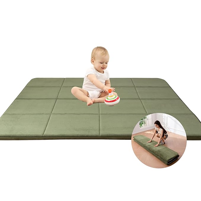 MAXYOYO 1.2" Thick Baby Play Mat for Floor, 59"x 78" Foldable Playpen Mat, Tummy Time Foam Mats Ultra Soft Support, Padded Carpet with Non-Slip Backing for Infant,Kids and Toddler Crawling, Green