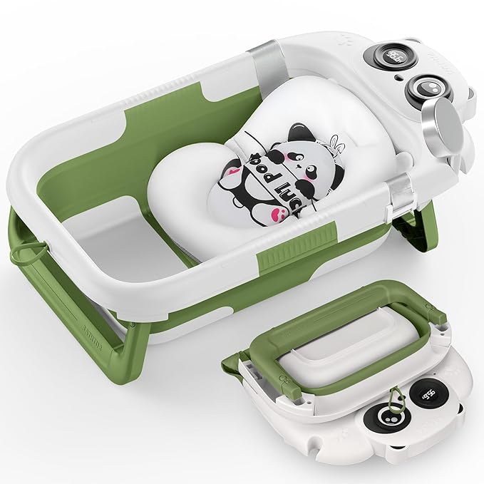 Collapsible Baby Bathtub for Newborn to Toddler, Portable Baby Bath Tub with Floating Cushion and Thermometer, Infant Bathtub for 0-24 Months(Green)