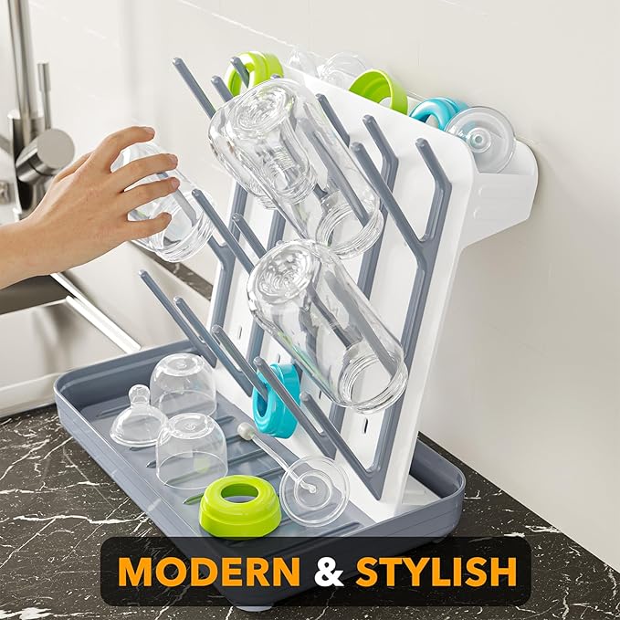 SpaceAid Baby Bottle Drying Rack with 20 Hooks, Space Saving Kitchen Bottles Rack Dryer, Vertical Baby Bottle Holder Organizer for Countertop Storage Accessories (White and Gray)