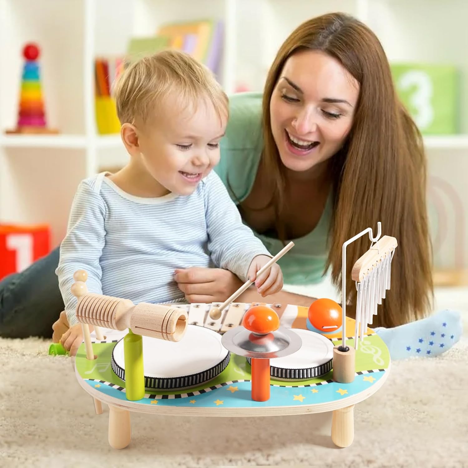 Kids Drum Set for Toddlers, Wooden Musical Instruments Baby Preschool Educational Musical Toys, Xylophone Wind Chime Kids Music Set Sensory Toys Birthday Gifts for Girls Boys