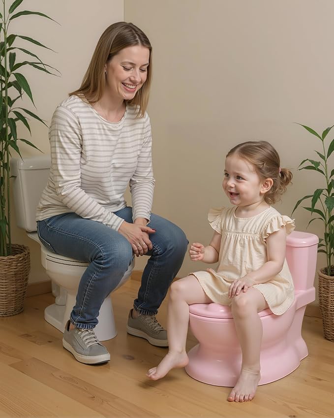 Realistic Potty Training Toilet - Flushing Sounds, Wipes Storage, Disposable Liners, Easy to Clean for Toddler Boys and Girls, Pink