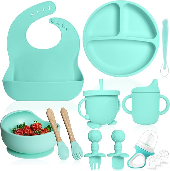 Bluet B- Silicone Feeding Set - Pacifier, Baby Spoons, Suction Bowl, Plate - Baby Utensils - First Foods Set - 11pcs - Green