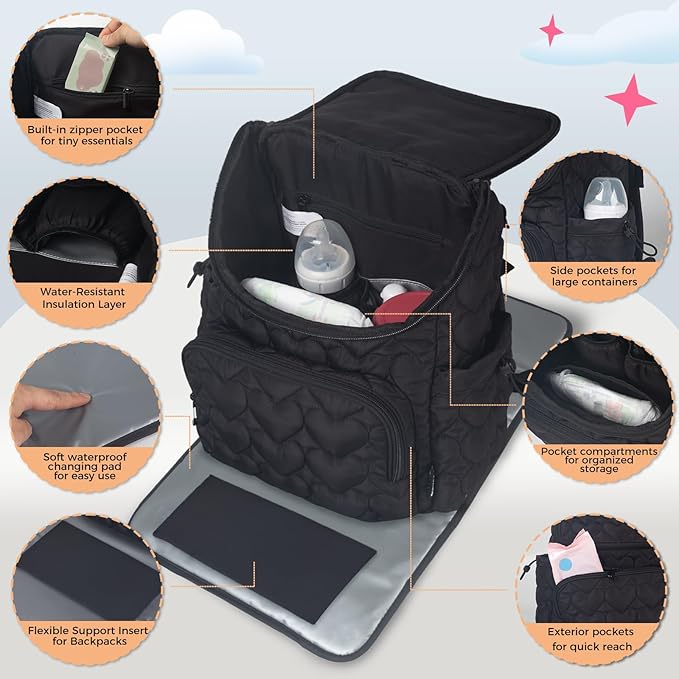 Baby Diaper Bag Backpack, Multifunction Baby Bag for Mom Dad, Large Capacity Diaper Backpack with Changing Pad Stylish Pañaleras para Bebe Stroller Straps, Newborn Baby Essentials Must Haves for Women