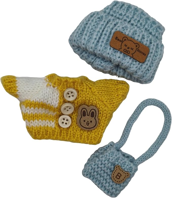 Handmade Crochet Doll Clothes ,Compatible with 5.91-6.7inch (15-17cm) Dolls as Accessories , Adorably Stylish Set for Dolls, Cute Doll Outfit with Accessories ( Yellow Sweater + Blue Hat +Blue Bag)