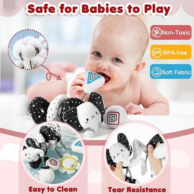 URMYWO Spiral Car Seat Toys for Babies 0-6 Months, Black and White Baby Toys, High Contrast Baby Toys for Newborn, Hanging Toy Fits Stroller, Shower Gift for Boys Girls